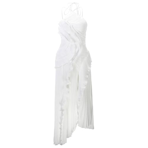 Chiffon Tiered Dresses for Women Formal Halter Sleeveless Flowy Maxi Dress Summer Sexy Irregular Hem Solid Sundresses