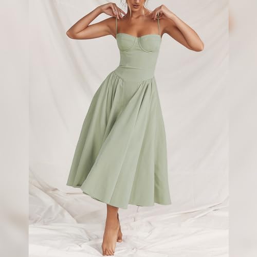 Women??s Corset Dress Sexy Spaghetti Strap Bustier Midi Dress Low Cut Flowy Pleated Hem Formal Dresses with Pockets