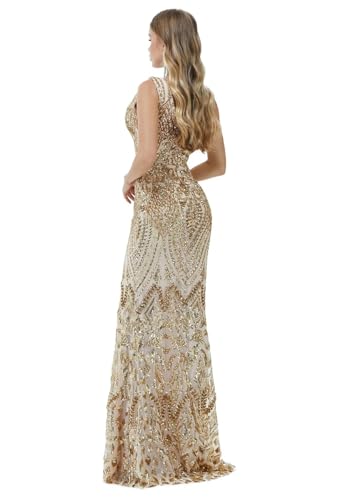 Women's Wedding Bridesmaid Gown Sequined Mermaid V Neck Sleeveless Evening Dress