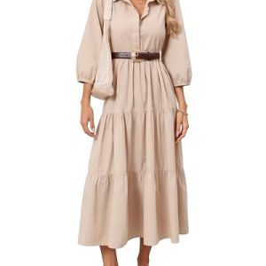 Women Flowy Maxi Shirt Dress Casual Button Down V Neck Ruffled Beach Long Dresses with Pockets