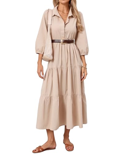 Women Flowy Maxi Shirt Dress Casual Button Down V Neck Ruffled Beach Long Dresses with Pockets