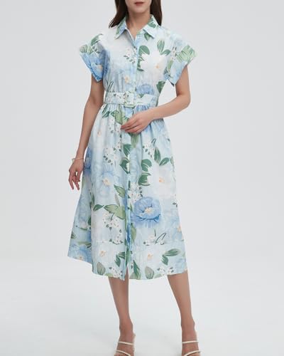 Women Summer Dresses 2025 Casual Wing Short Sleeve Button Down Midi Dress Floral Long Dress with Pocket
