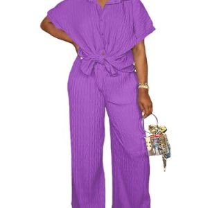 Casual Two Piece Set for Women - Button Down Shirt and Wide Leg Pants Matching Set Tracksuits