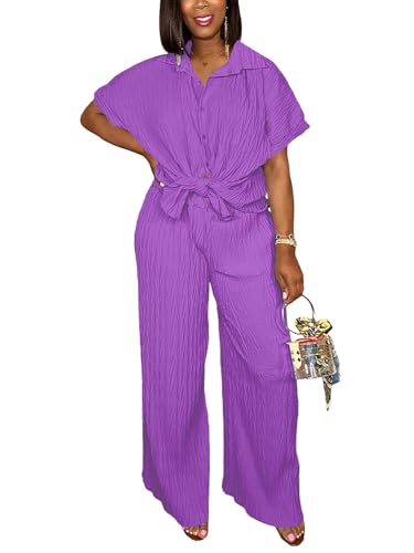 Casual Two Piece Set for Women - Button Down Shirt and Wide Leg Pants Matching Set Tracksuits