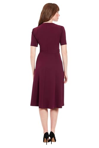 Women's Short Sleeve Crepe Fit and Flare Midi with Waist Button Detail