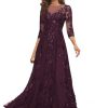 Lace Appliques Mother of The Bride Dresses Long with 3/4 Sleeve Beaded Scoop Neck Formal Gowns