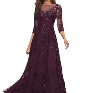 Lace Appliques Mother of The Bride Dresses Long with 3/4 Sleeve Beaded Scoop Neck Formal Gowns