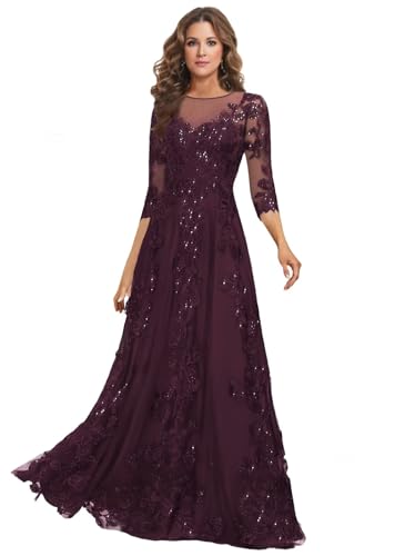 Lace Appliques Mother of The Bride Dresses Long with 3/4 Sleeve Beaded Scoop Neck Formal Gowns