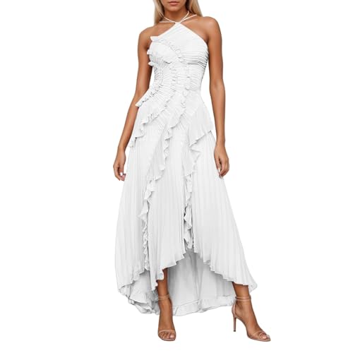 Chiffon Tiered Dresses for Women Formal Halter Sleeveless Flowy Maxi Dress Summer Sexy Irregular Hem Solid Sundresses