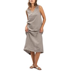Women's 100% Linen Plant-Dyed Sleeveless V-Neck Midi Dress with Slit