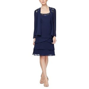 Women's Mother of The Bride Jacket Dress with Sequined Cut Out Shoulder