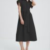 Women's Belted Shirt Midi Dress Casual Short Wing Sleeve Button Down Lapel V Neck Dress