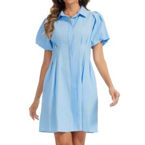 Women's Short Puff Sleeve Shirt Dress Button Down Pleated Mini Dress Summer Casual Short Dresses