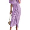 Women Elegant Satin Button Down Short Sleeve Maxi Shirt Dress with Belt
