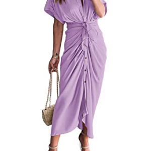 Women Elegant Satin Button Down Short Sleeve Maxi Shirt Dress with Belt