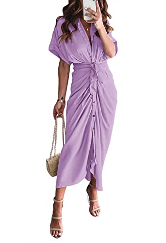 Women Elegant Satin Button Down Short Sleeve Maxi Shirt Dress with Belt