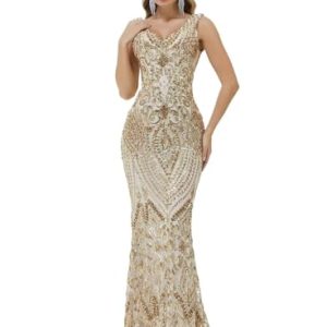 Women's Wedding Bridesmaid Gown Sequined Mermaid V Neck Sleeveless Evening Dress