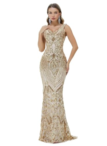 Women's Wedding Bridesmaid Gown Sequined Mermaid V Neck Sleeveless Evening Dress