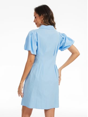 Women's Short Puff Sleeve Shirt Dress Button Down Pleated Mini Dress Summer Casual Short Dresses