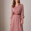 Women's Long Sleeve Button Down Shirt Dress Casual Loose Tie Waist Adjustable Sleeve Length Midi Dresses
