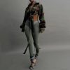 Womens Summer Cute Camo Button Down Cropped Jean Jacket Casual Lapel Outwear Denim Shirts Blouse Top