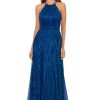 Women's Long Metallic Sleeveless Halter Neck Wrap Overlay Gown