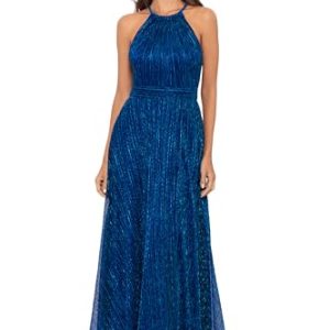 Women's Long Metallic Sleeveless Halter Neck Wrap Overlay Gown