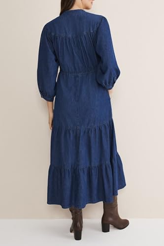 Women's Tiered Denim Shirt Dress 3/4 Sleeve Button Down Midi Jean Dresses Flowy Belted Denim Dress with Pockets