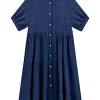 Women's Summer Cotton Half Sleeves Button Down Casual Loose Slit Midi Dress with Pockets