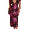 Women's Plus Size Floral Maxi Dress V Neck Ruffle Short Sleeve Bodycon Vacation Mesh Dresses