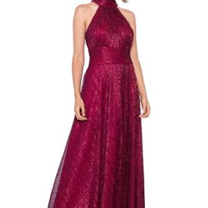 Women's Sleeveless Halter Metallic Crinkle Long Formal Dress