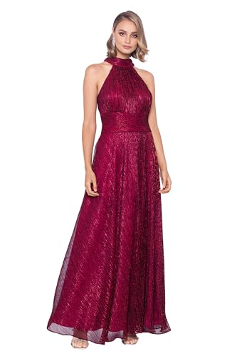 Women's Sleeveless Halter Metallic Crinkle Long Formal Dress