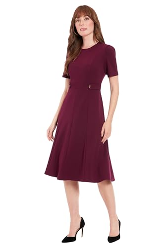 Women's Short Sleeve Crepe Fit and Flare Midi with Waist Button Detail