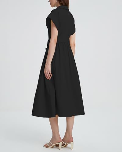Women's Belted Shirt Midi Dress Casual Short Wing Sleeve Button Down Lapel V Neck Dress