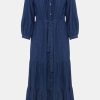 Women's Tiered Denim Shirt Dress 3/4 Sleeve Button Down Midi Jean Dresses Flowy Belted Denim Dress with Pockets