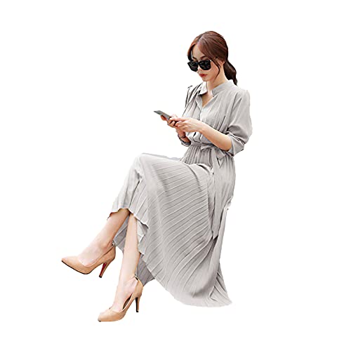 Womens Pleated Long Sleeve Loose Dress Casual Maxi Dresses with Tie Waist
