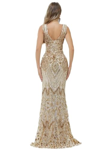 Women's Wedding Bridesmaid Gown Sequined Mermaid V Neck Sleeveless Evening Dress
