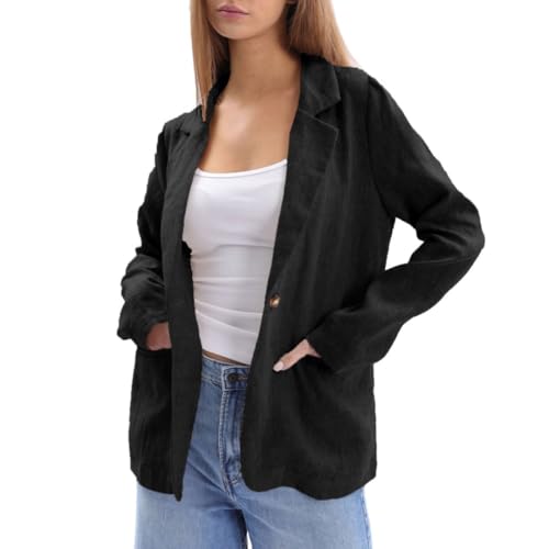 Women's 100% Linen Notched Button Blazer Long Sleeve Jackets Office Coat