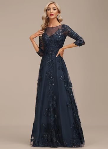 Lace Appliques Mother of The Bride Dresses Long with 3/4 Sleeve Beaded Scoop Neck Formal Gowns