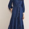 Women's Tiered Denim Shirt Dress 3/4 Sleeve Button Down Midi Jean Dresses Flowy Belted Denim Dress with Pockets