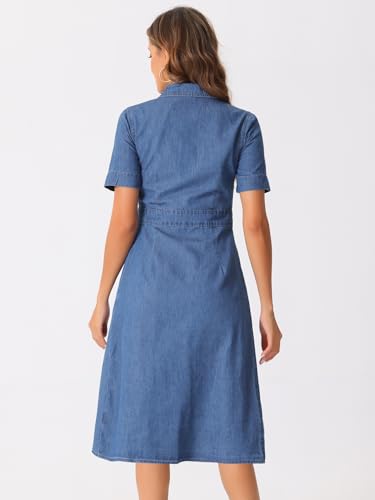 Denim Dress for Women's Collared Short Sleeve A-Line Button Up Jean Midi Dresses