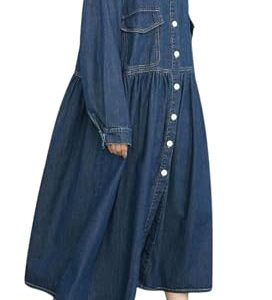 Womens Fall Winter A-Line Long Denim Trench Coat Loose Casual Button Down Maxi Jean Shirt Dress