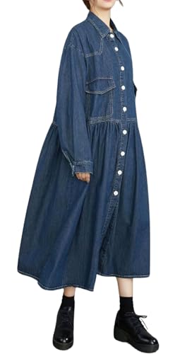 Womens Fall Winter A-Line Long Denim Trench Coat Loose Casual Button Down Maxi Jean Shirt Dress