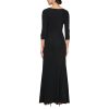 Women's Long Metallic 3/4 Sleeve Mother of The Bride Gown with Square Neck & Side Slit, Formal Dress
