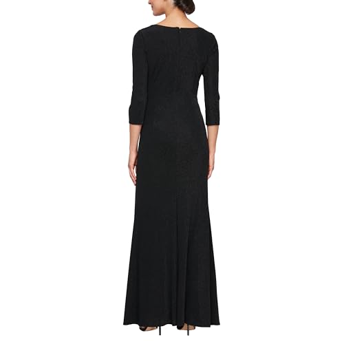 Women's Long Metallic 3/4 Sleeve Mother of The Bride Gown with Square Neck & Side Slit, Formal Dress