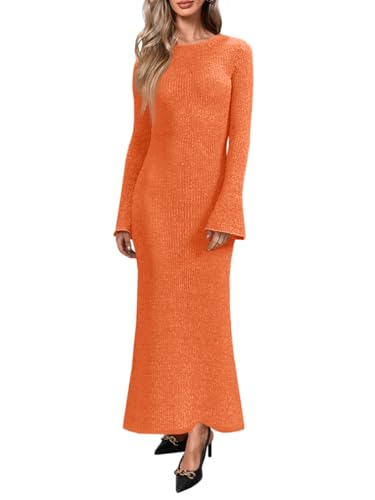 Womens Bell Long Sleeve Maxi Dress Casual Crewneck Knit Slim Fit Flowy Sweater Dresses