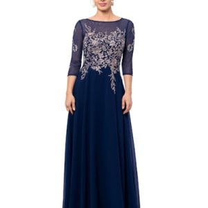 Women's Long 3/4 Sleeve Embroidered Chiffon Gown