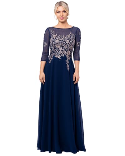 Women's Long 3/4 Sleeve Embroidered Chiffon Gown
