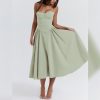 Women??s Corset Dress Sexy Spaghetti Strap Bustier Midi Dress Low Cut Flowy Pleated Hem Formal Dresses with Pockets