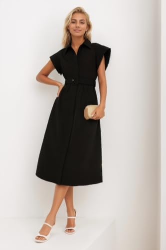 Women Casual Button Down Shirt Dress Short Wing Sleeve Buiness Midi Shirt Dress with Belt Elegant Dress
